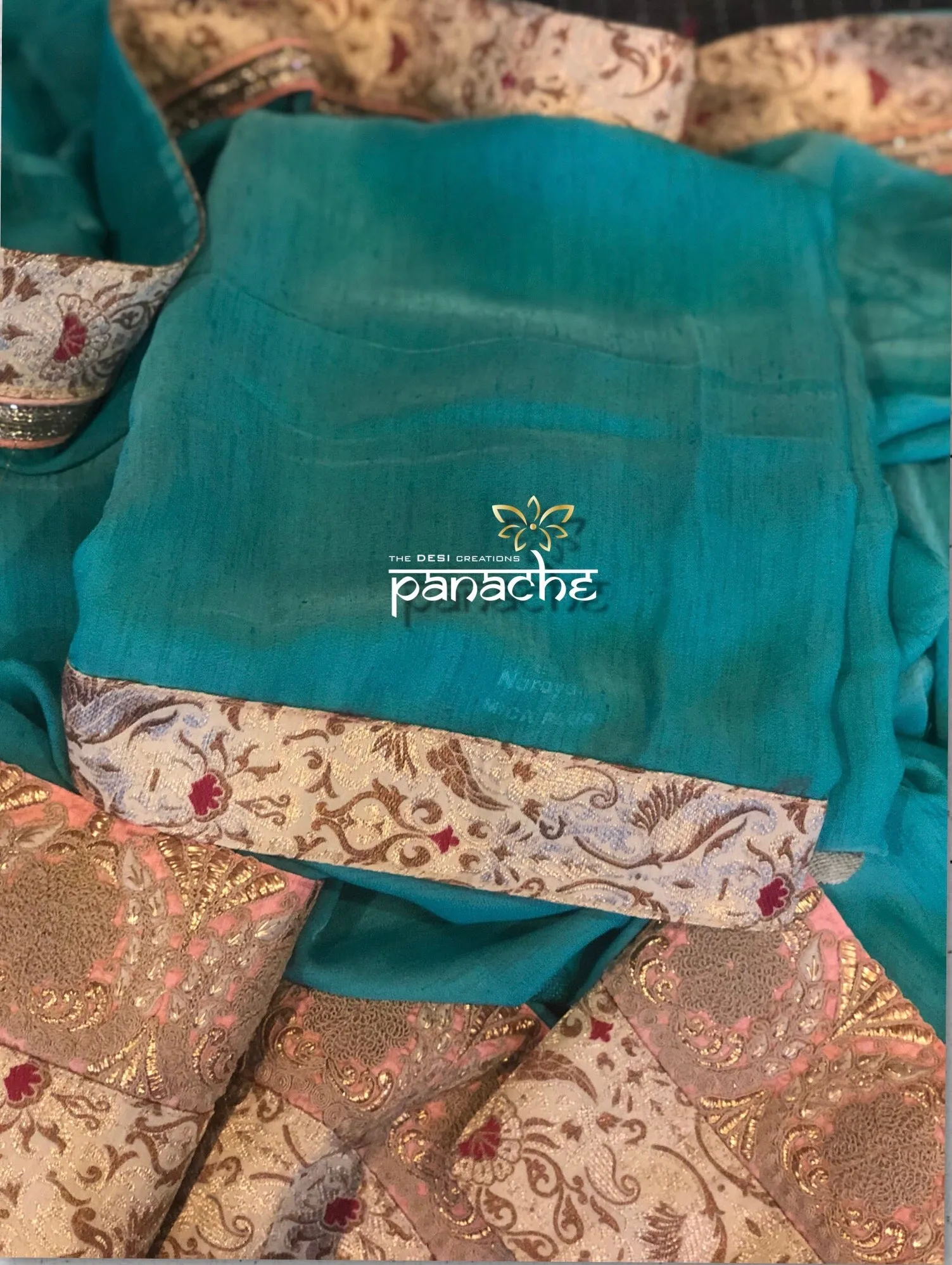 Designer Saree - Mint Green Peach