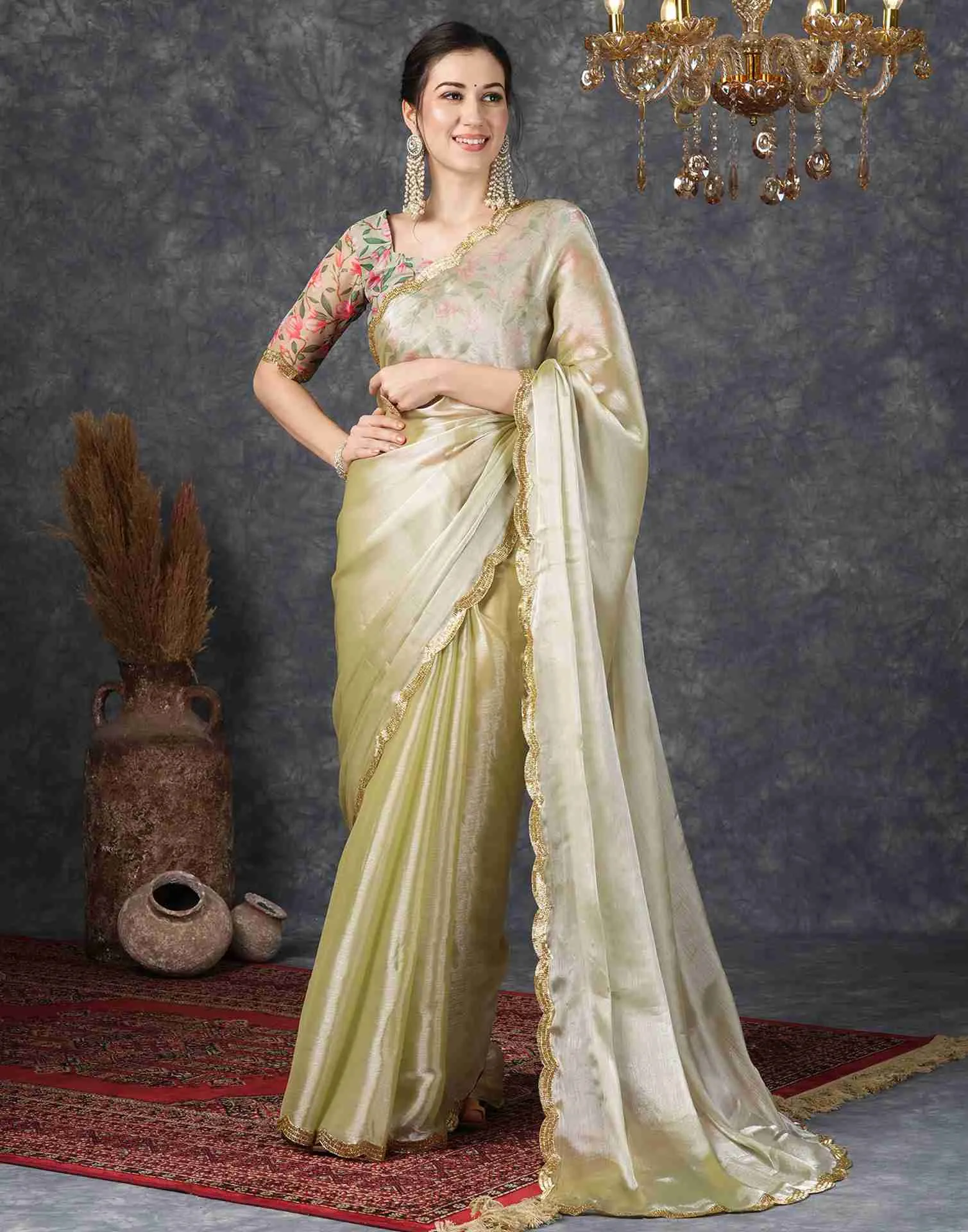 Dusty Olive Green Chiffon Plain Jimmy Choo Saree