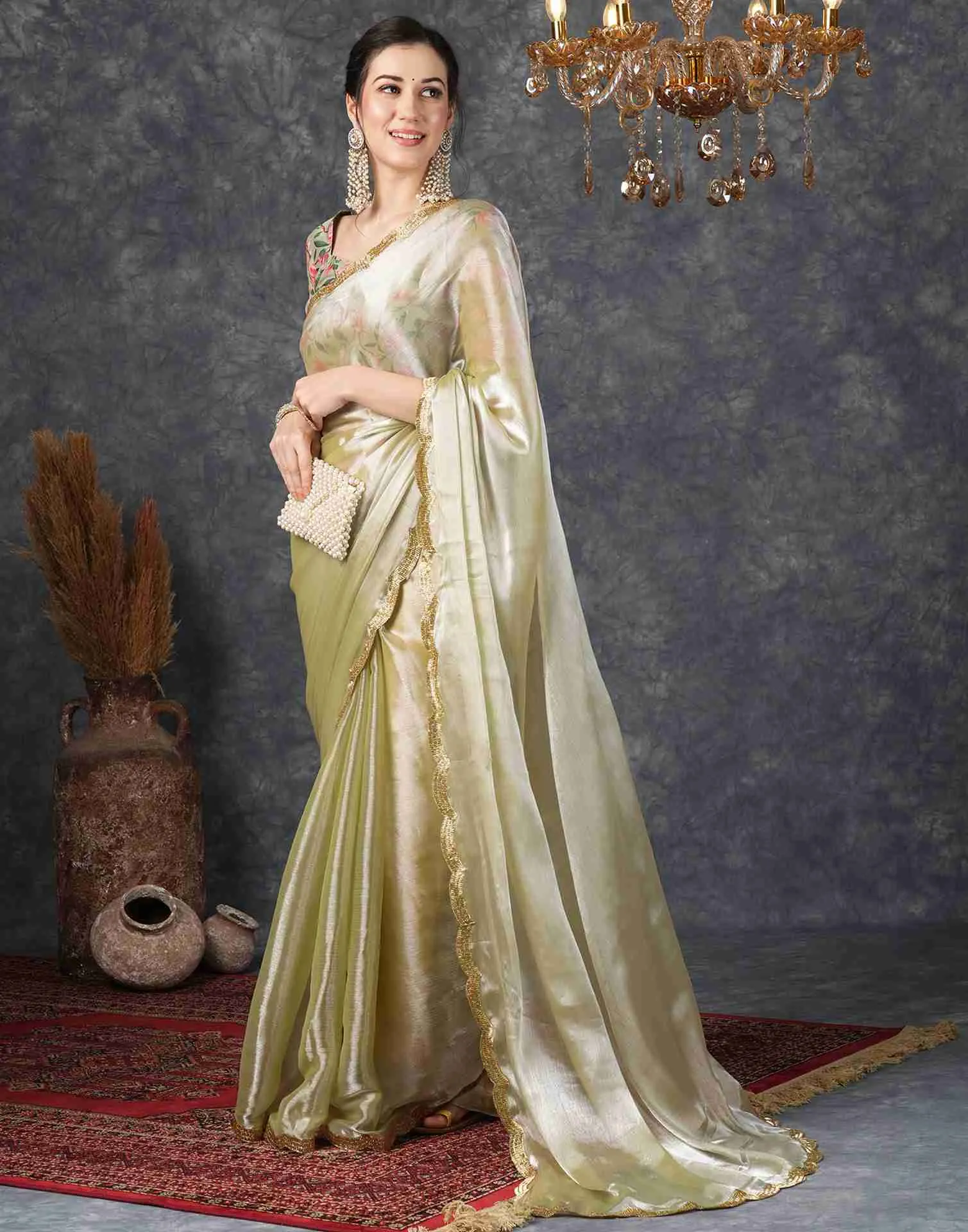 Dusty Olive Green Chiffon Plain Jimmy Choo Saree