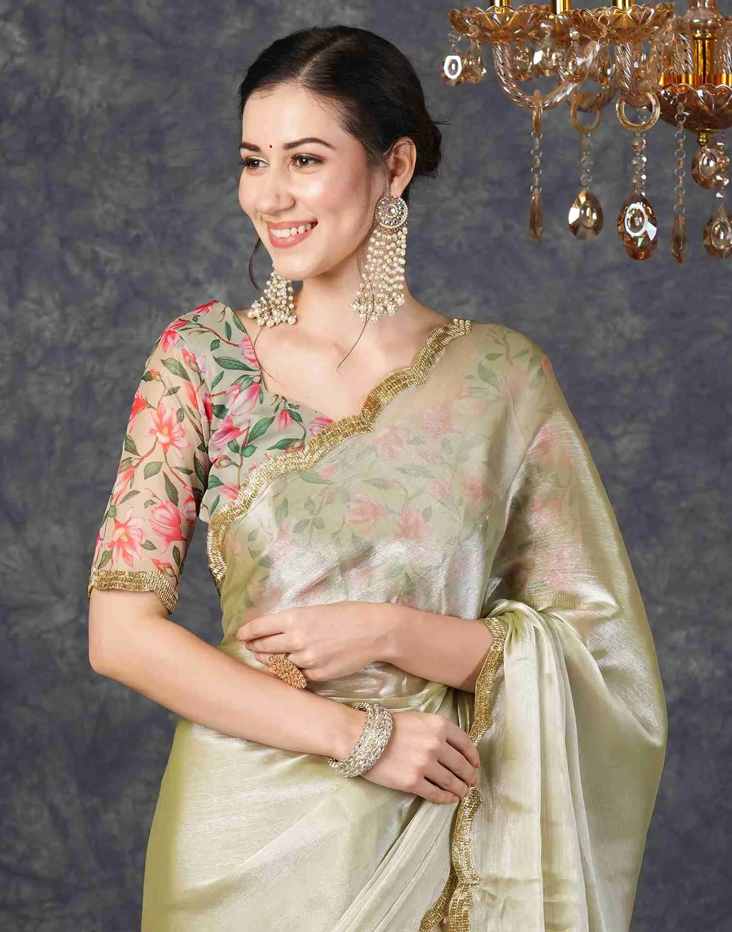 Dusty Olive Green Chiffon Plain Jimmy Choo Saree