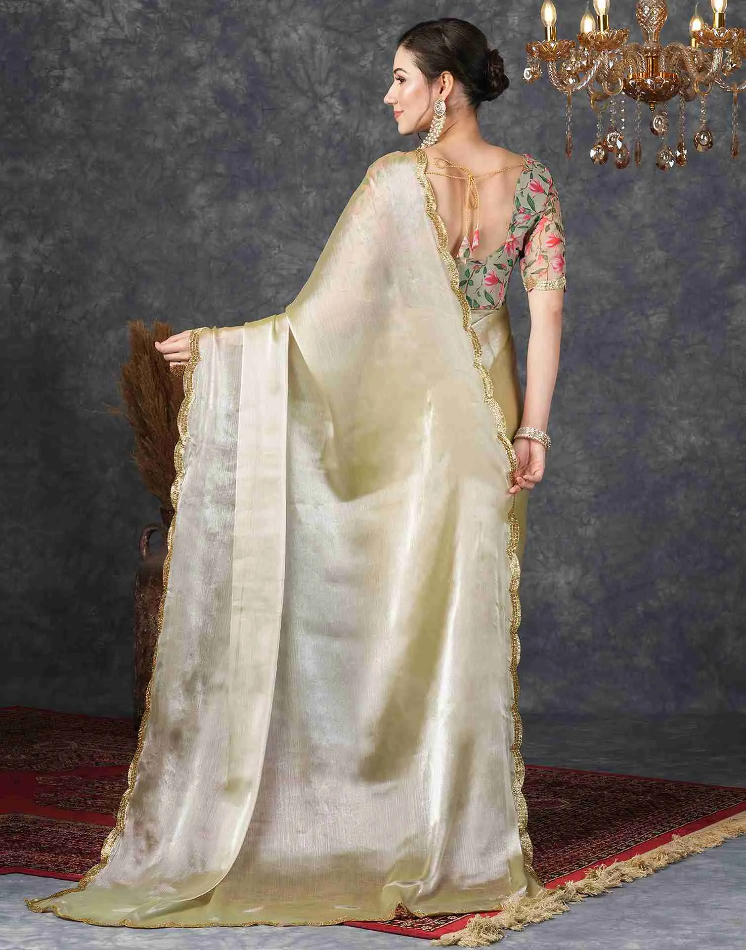 Dusty Olive Green Chiffon Plain Jimmy Choo Saree