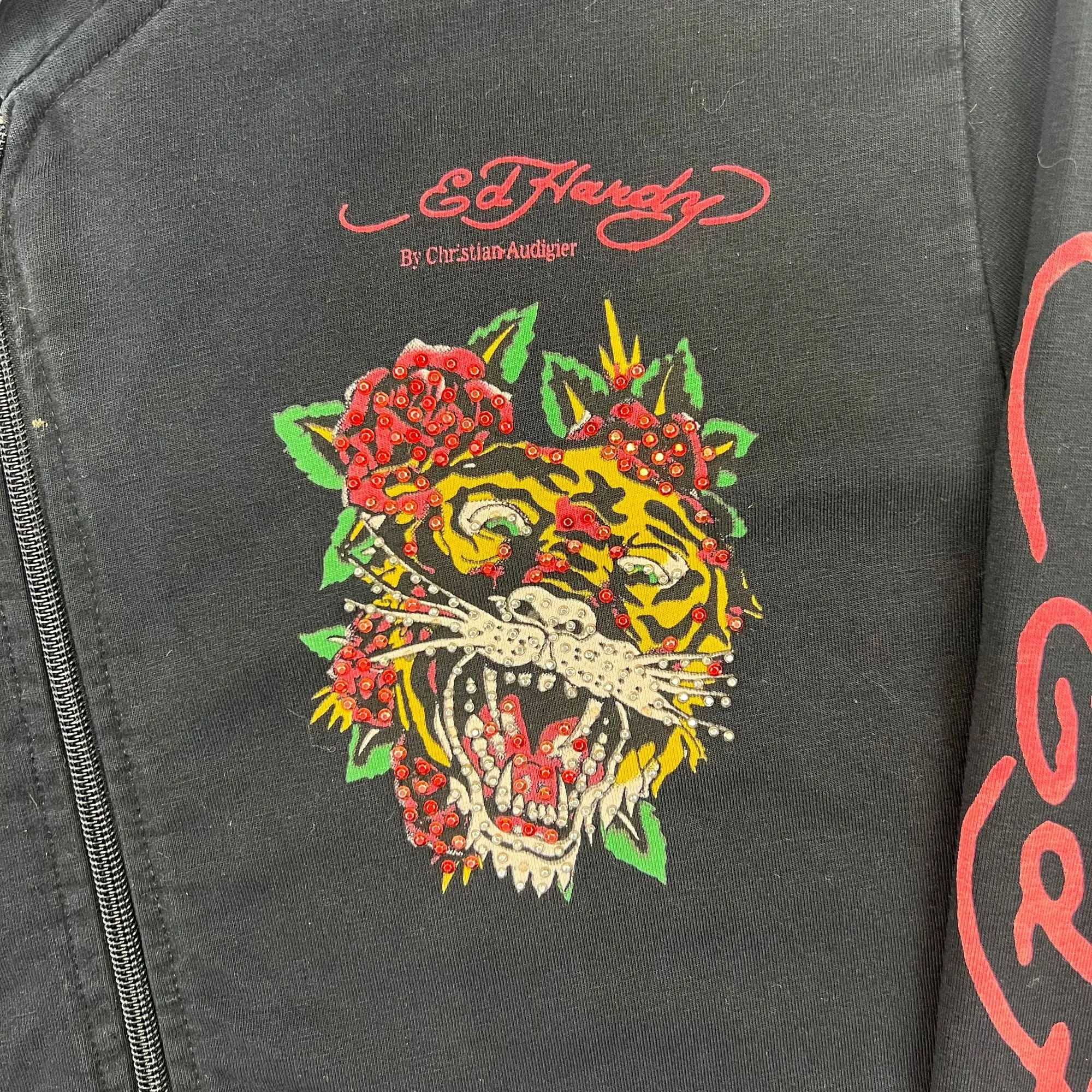 Ed Hardy Christian Audigier Tiger Embroidered Zip Hoodie Black