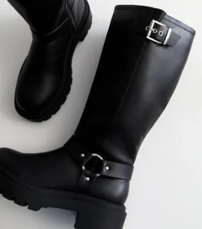 Extra Calf Fit Black Leather-Look Buckled Knee-High Biker Boots New Look