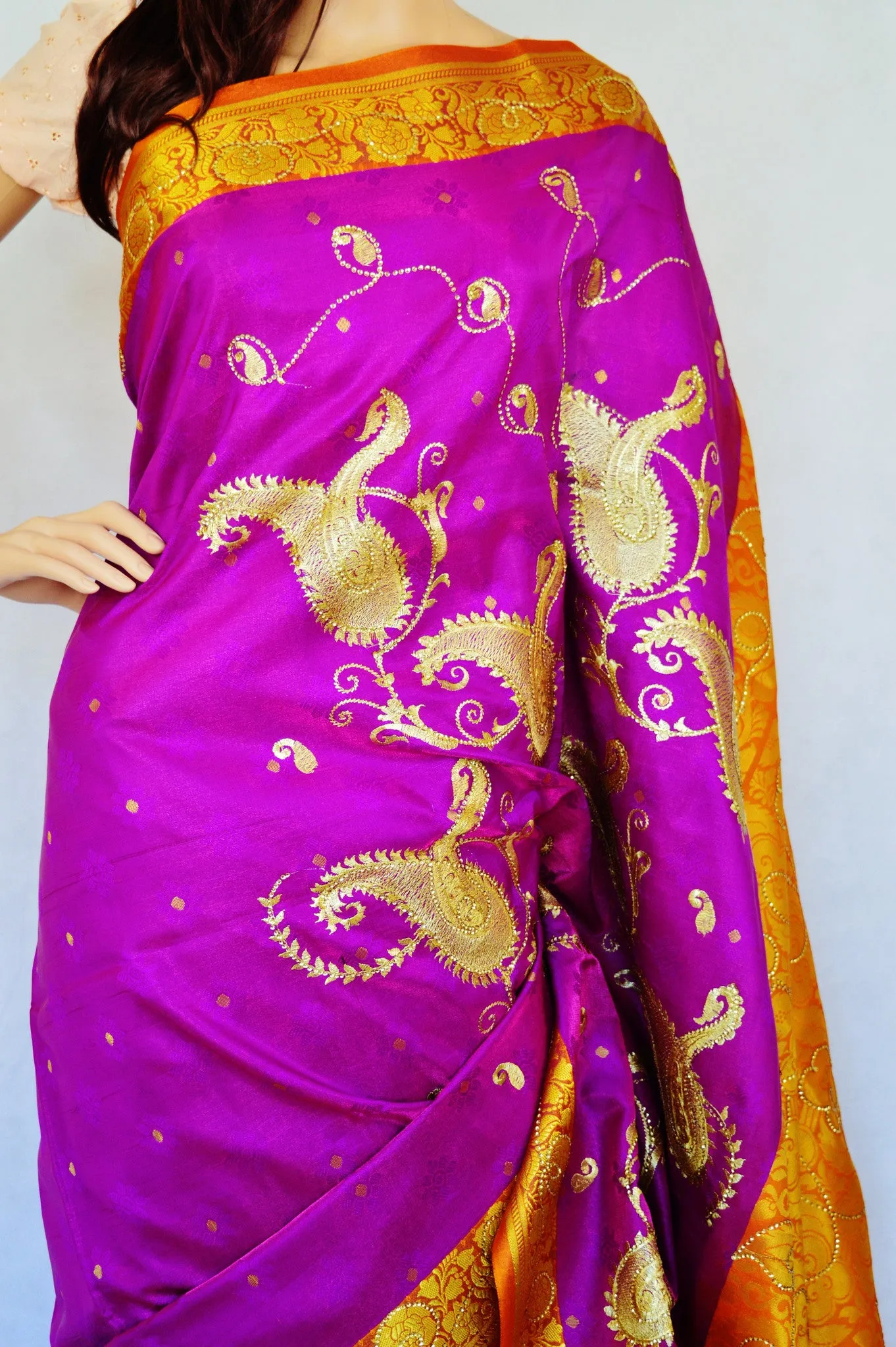 Fuchsia & Mustard Colour Banaras Silk Saree