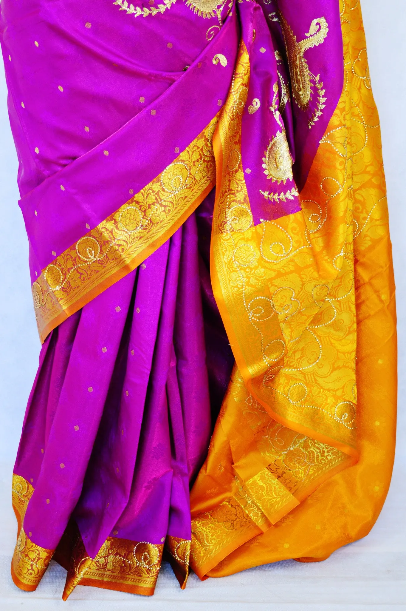 Fuchsia & Mustard Colour Banaras Silk Saree