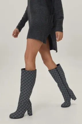 Geometric Print Round Toe Knee High Boots