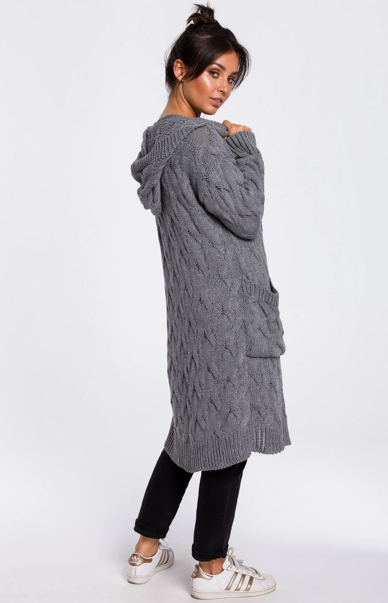 Gray Hooded Cable Knit Long Cardigan