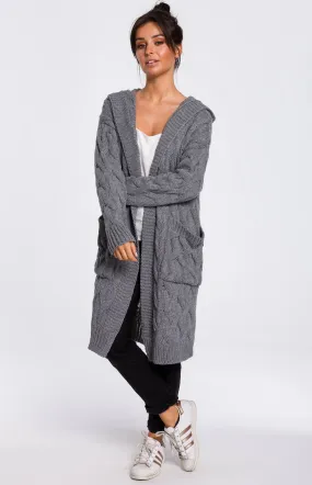 Gray Hooded Cable Knit Long Cardigan