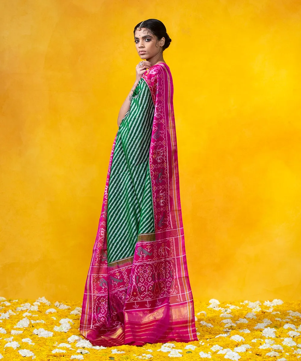 Green Handloom Mulberry Silk Diagonal Weave Ikat Patola Saree With Pink Border