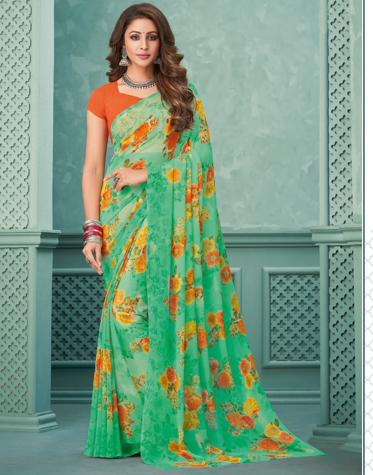 Green Printed Saree