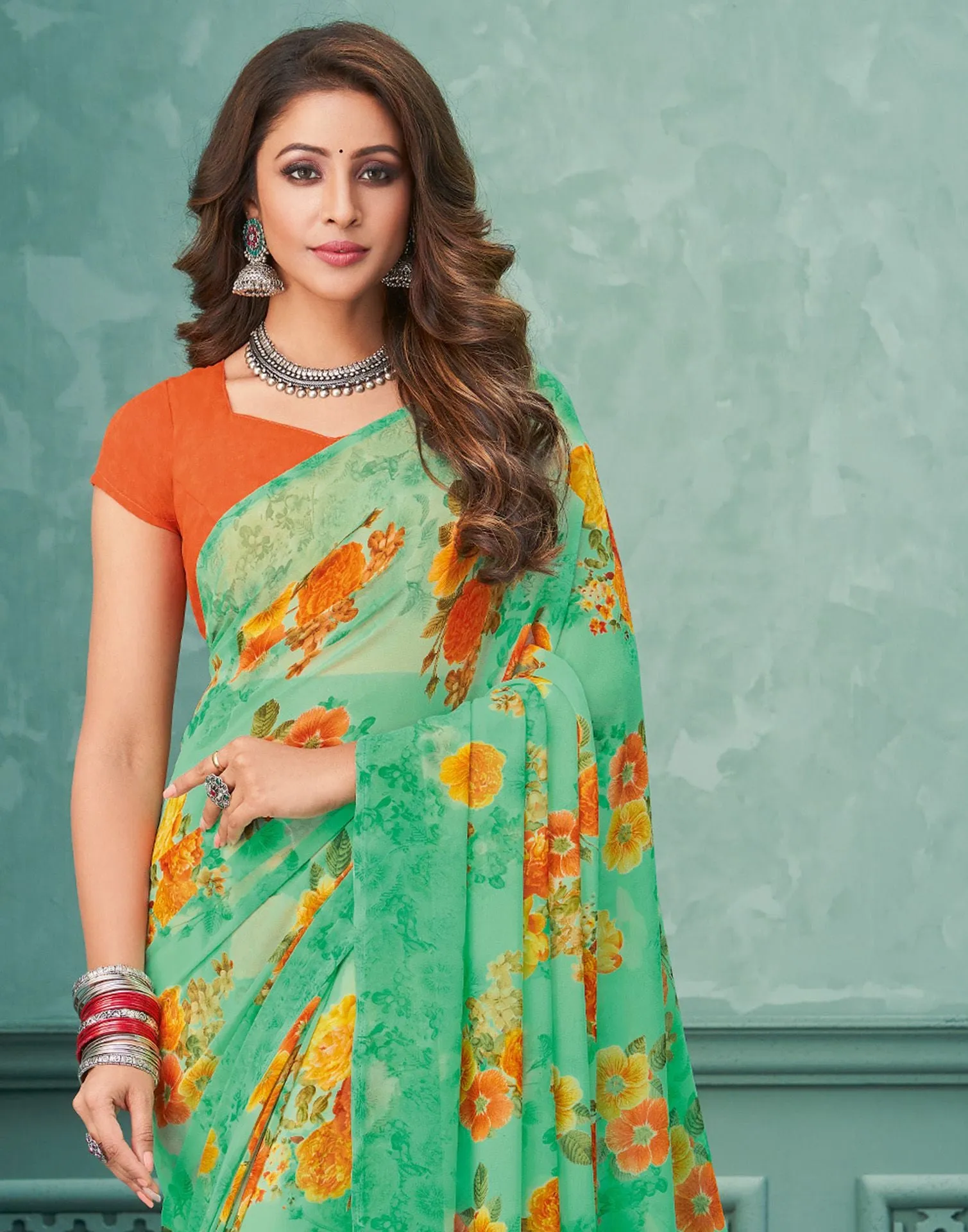 Green Printed Saree