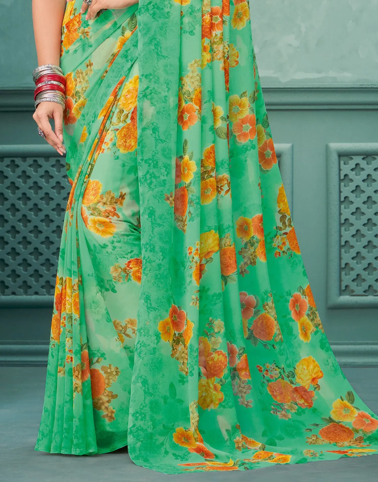 Green Printed Saree