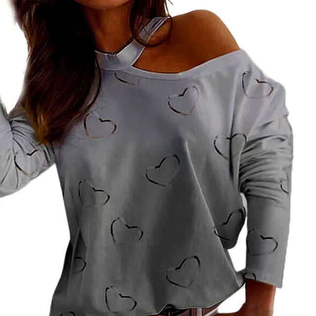 Grey One Shoulder Knit Blouse for Women - Long Sleeve Hollow Out Sweater - Love Heart Print