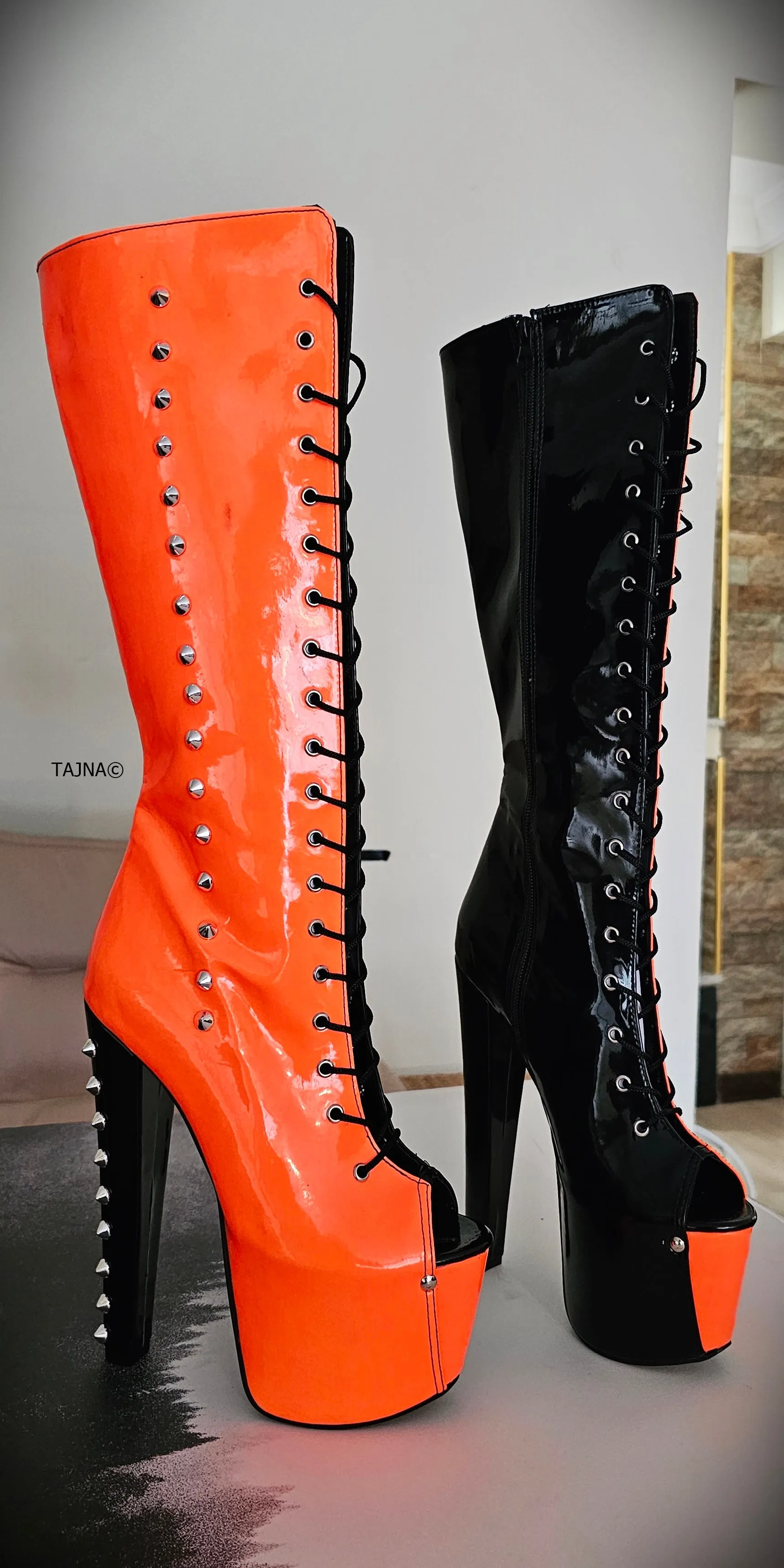 Halloween Spiked Mid Calf Boots in Orange and Black