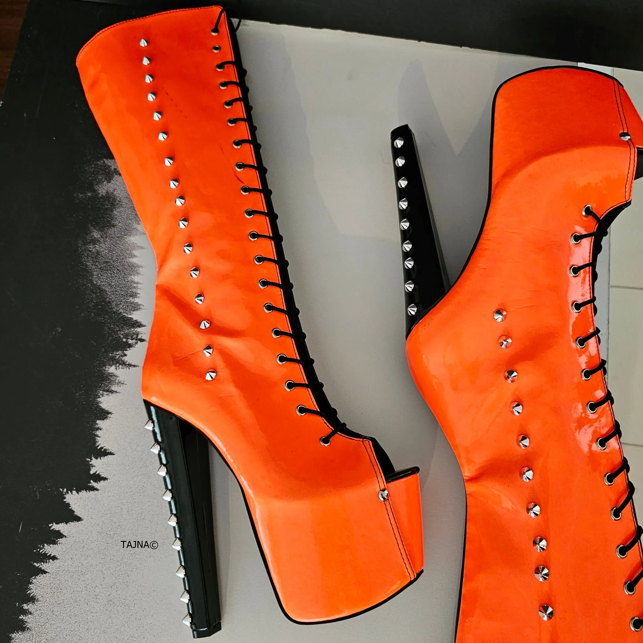 Halloween Spiked Mid Calf Boots in Orange and Black