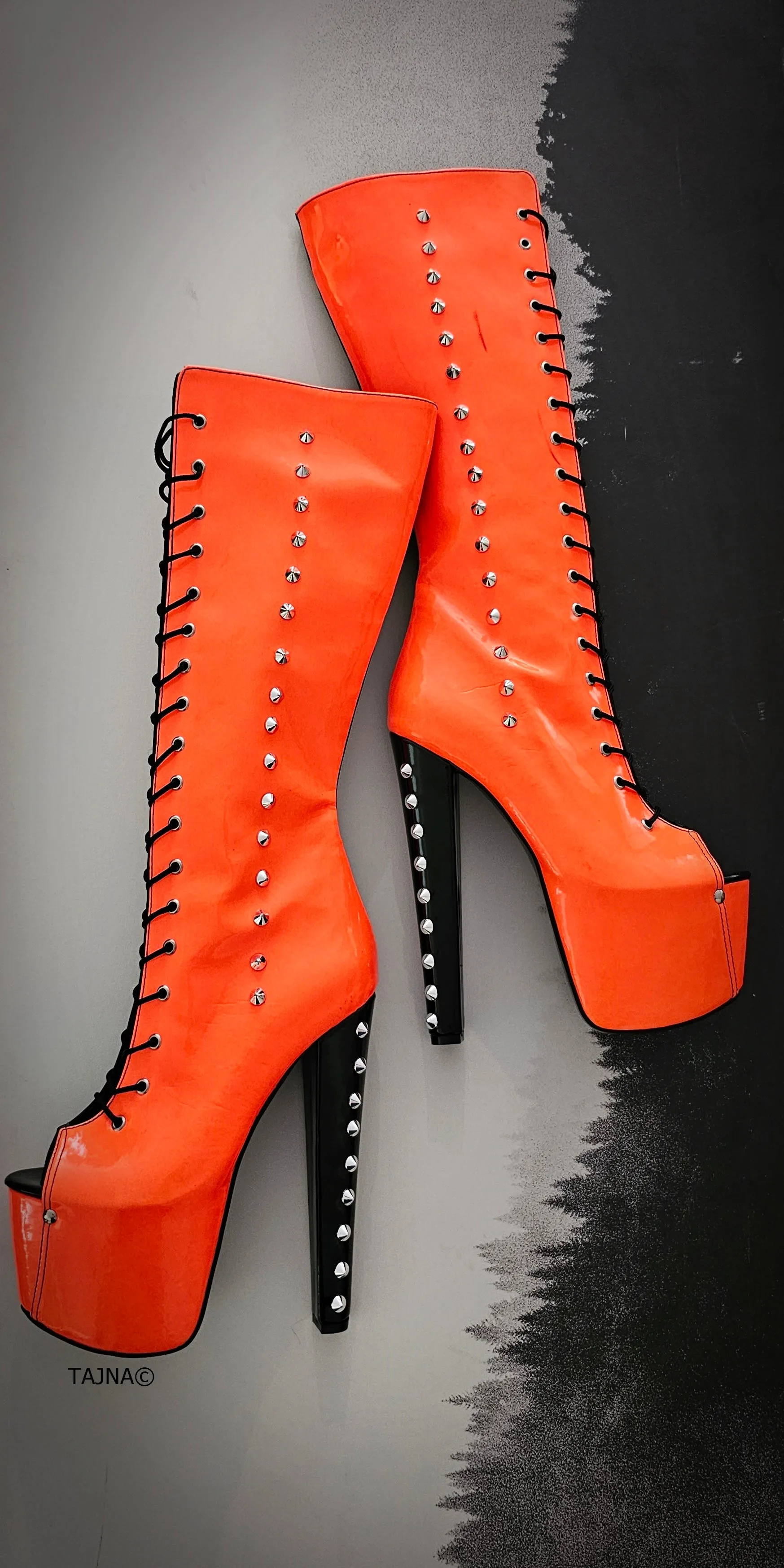 Halloween Spiked Mid Calf Boots in Orange and Black