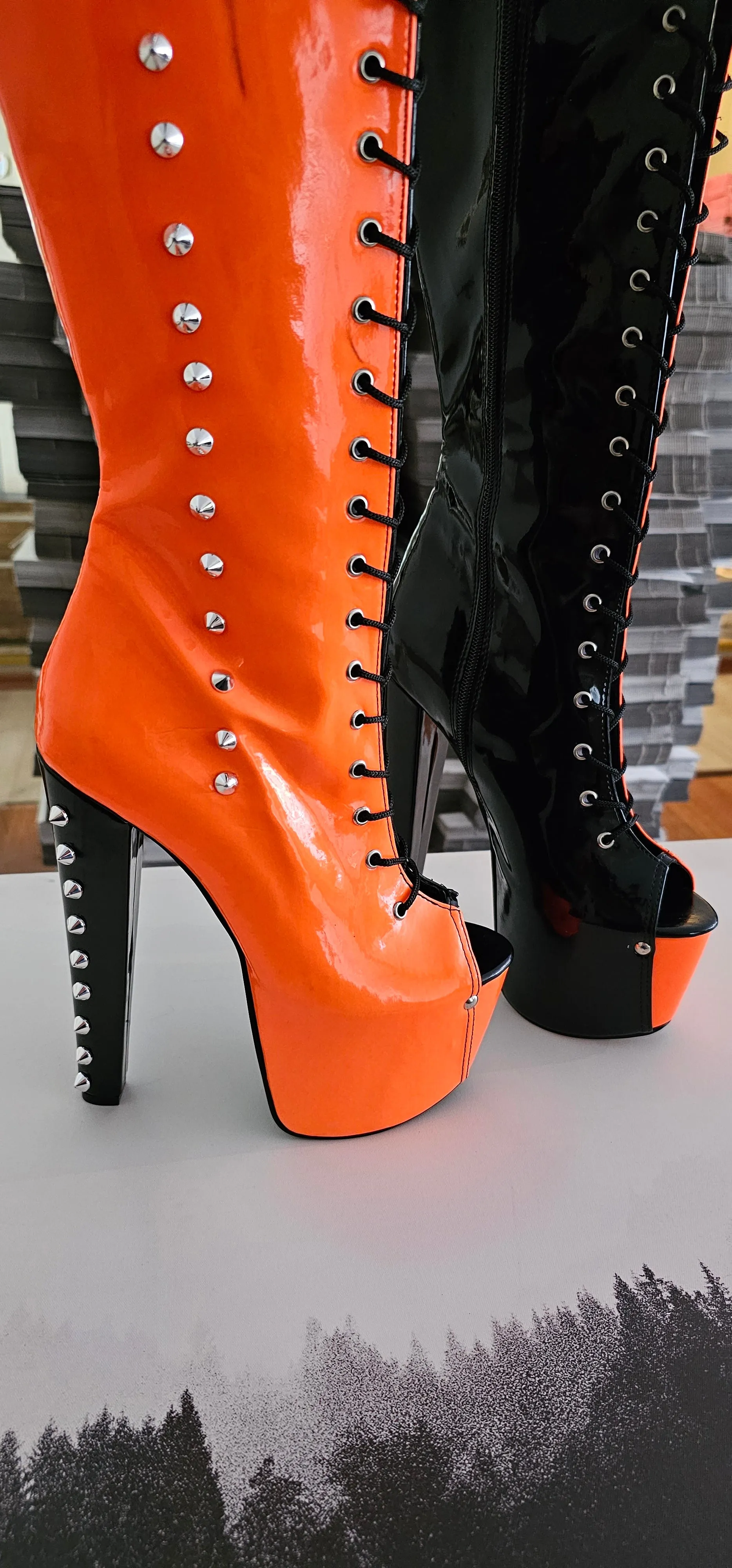 Halloween Spiked Mid Calf Boots in Orange and Black