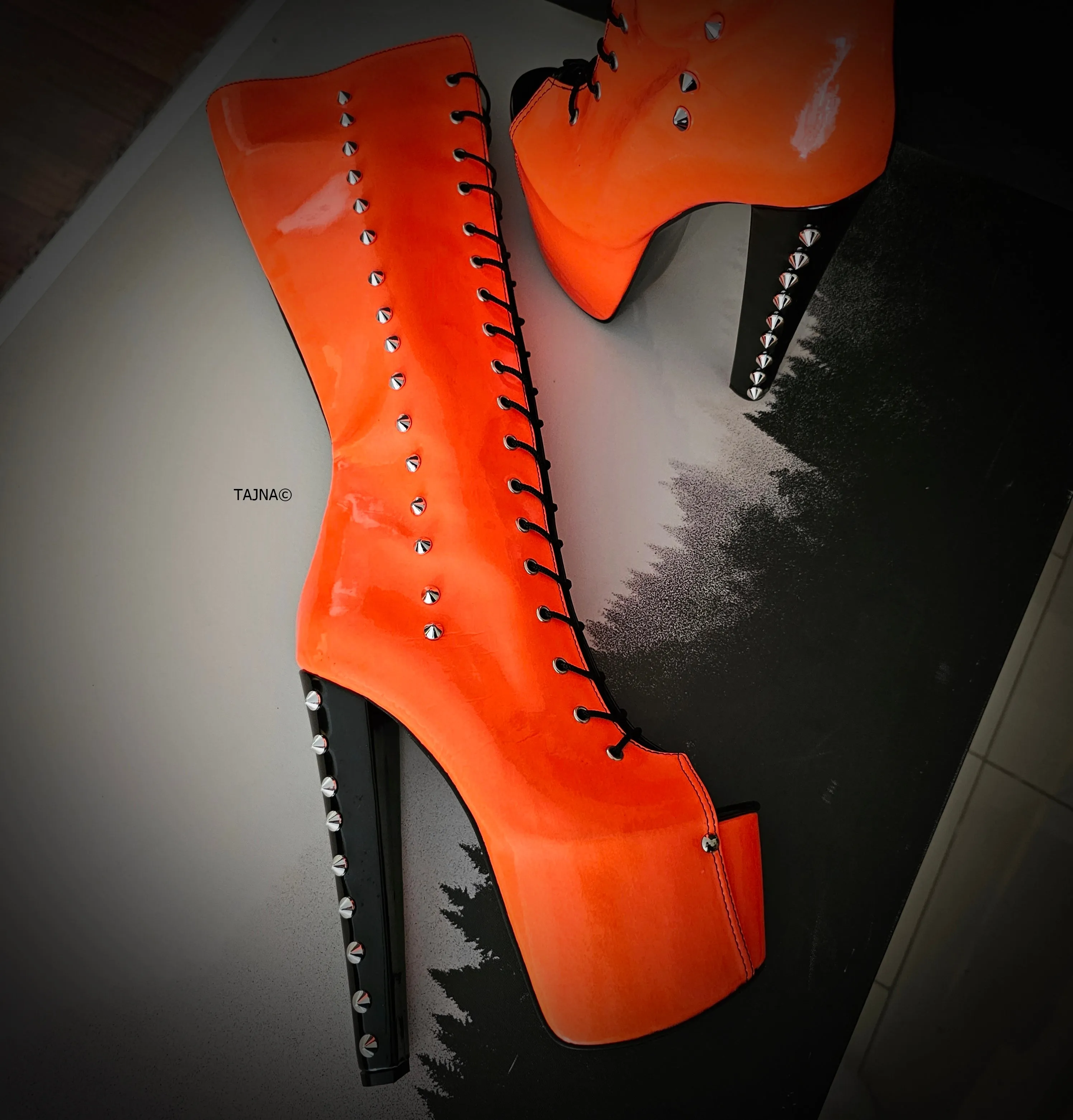 Halloween Spiked Mid Calf Boots in Orange and Black