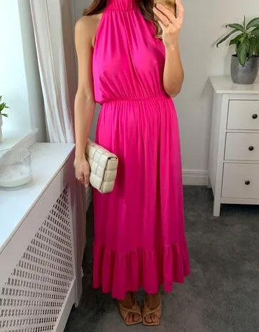 Halter Neck Maxi Dress with Tiered Signage in Cerise Pink