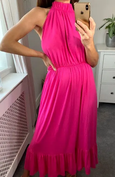 Halter Neck Maxi Dress with Tiered Signage in Cerise Pink