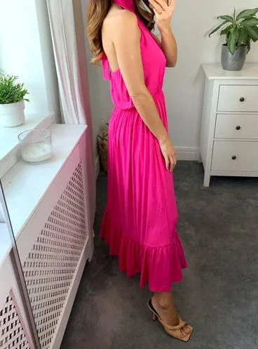 Halter Neck Maxi Dress with Tiered Signage in Cerise Pink