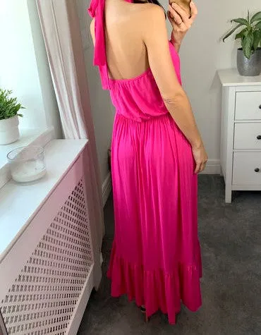 Halter Neck Maxi Dress with Tiered Signage in Cerise Pink