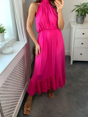 Halter Neck Maxi Dress with Tiered Signage in Cerise Pink