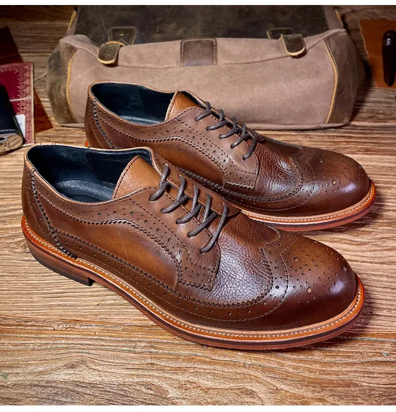 Handcrafted Genuine Leather Oxford Shoes for Men - British Brock Carving, Lace Up