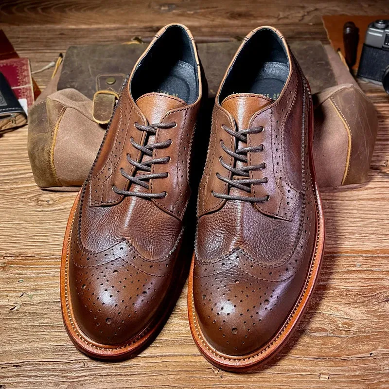 Handcrafted Genuine Leather Oxford Shoes for Men - British Brock Carving, Lace Up