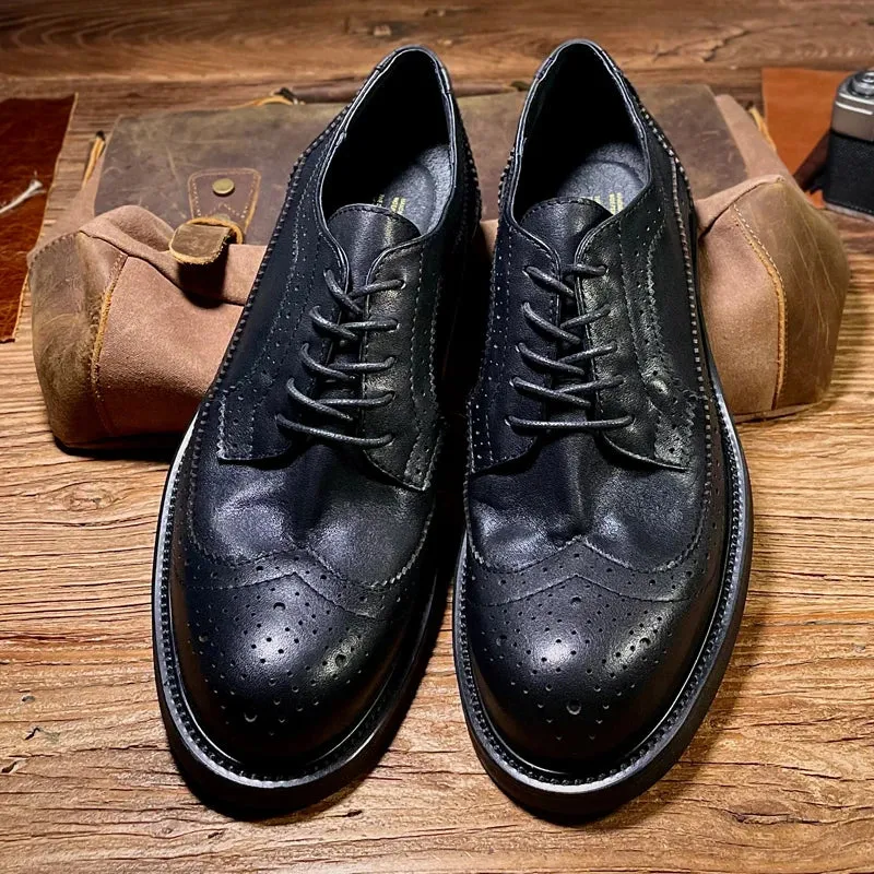 Handcrafted Genuine Leather Oxford Shoes for Men - British Brock Carving, Lace Up