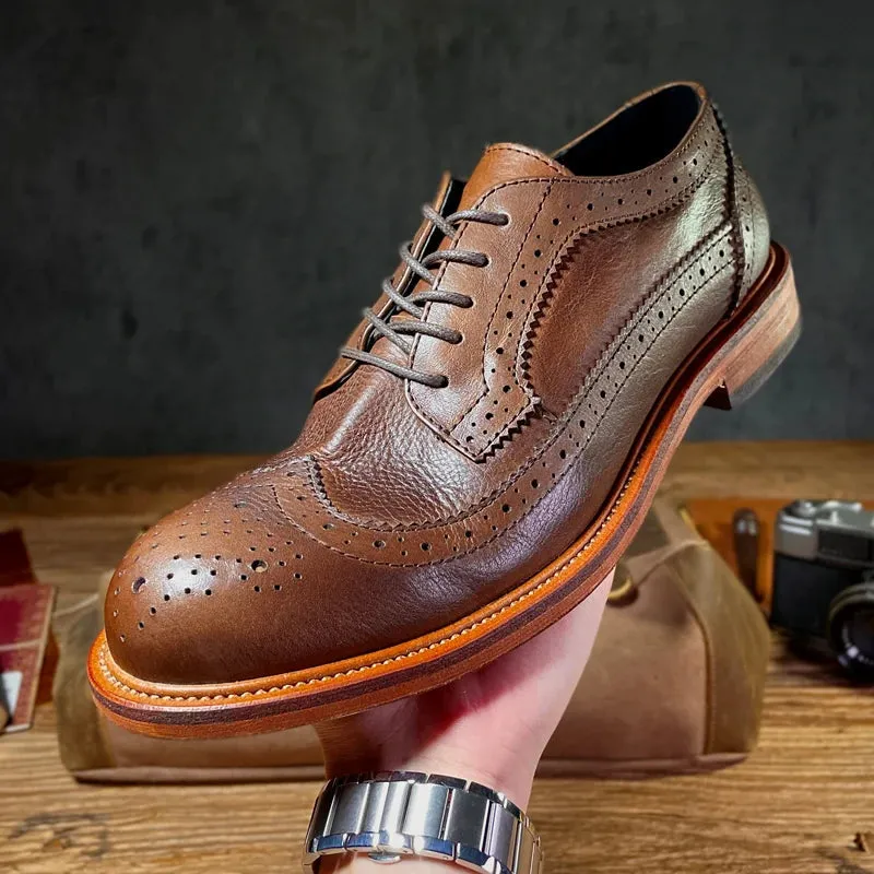 Handcrafted Genuine Leather Oxford Shoes for Men - British Brock Carving, Lace Up