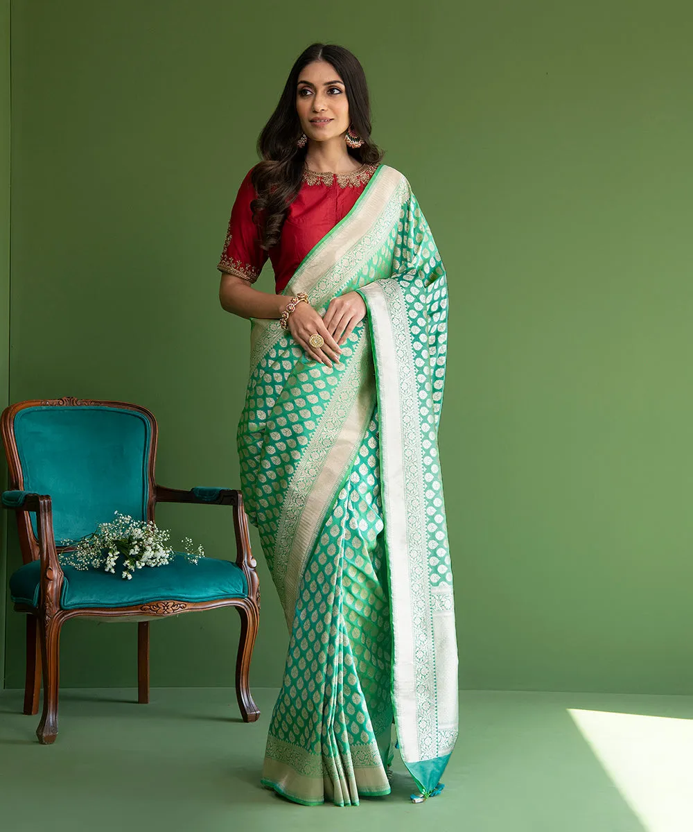 Handloom Aqua Green Pure Katan Silk Banarasi Saree with Small Mughal Booti