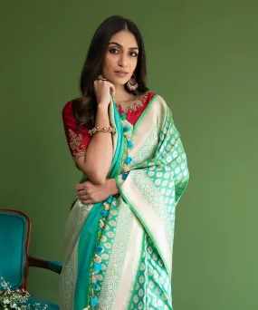 Handloom Aqua Green Pure Katan Silk Banarasi Saree with Small Mughal Booti