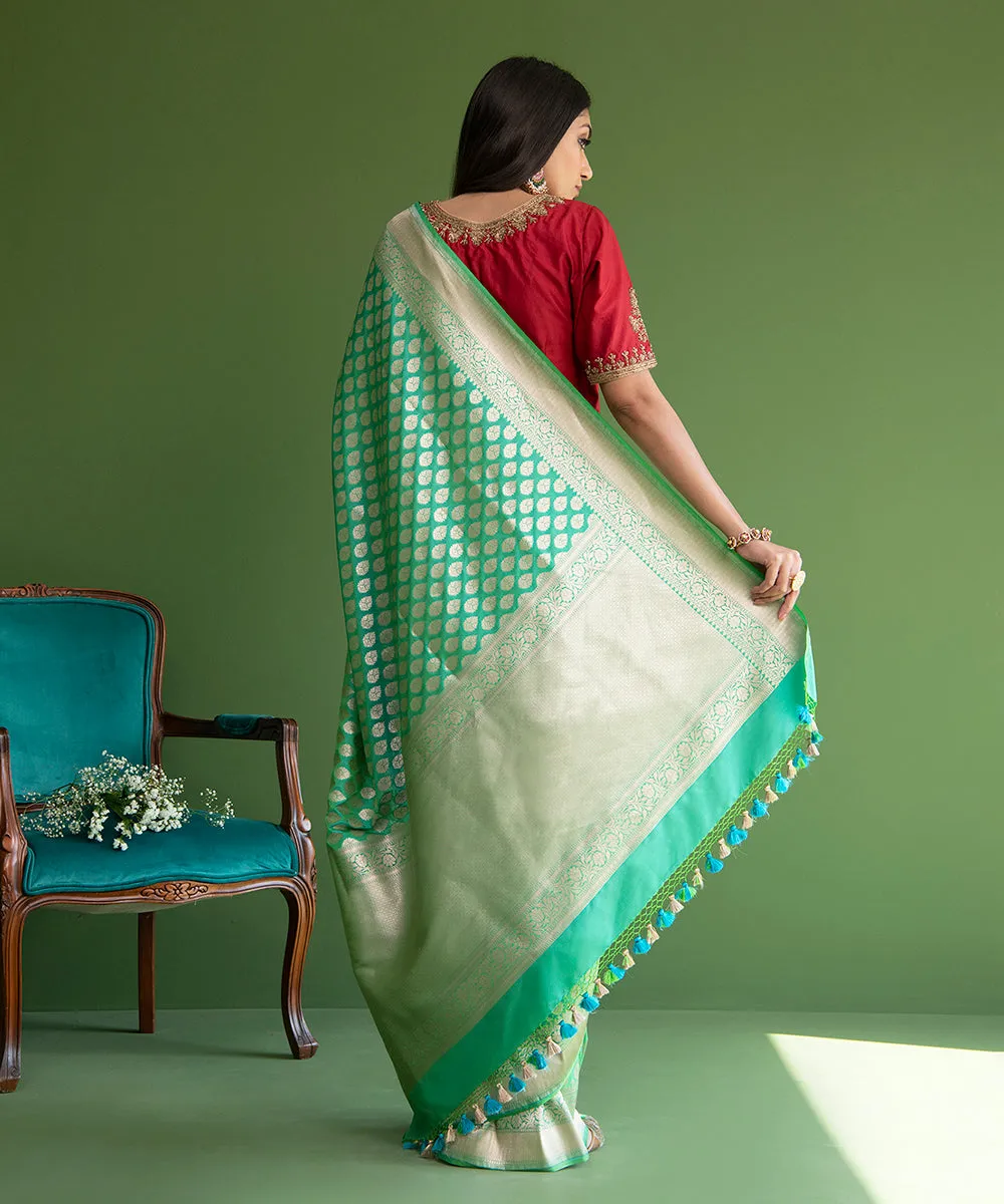 Handloom Aqua Green Pure Katan Silk Banarasi Saree with Small Mughal Booti