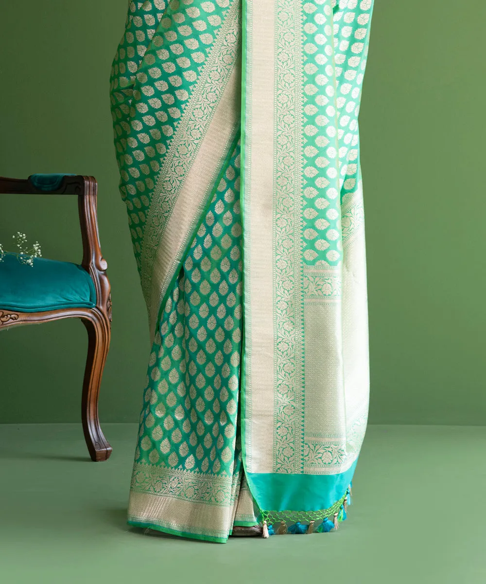 Handloom Aqua Green Pure Katan Silk Banarasi Saree with Small Mughal Booti