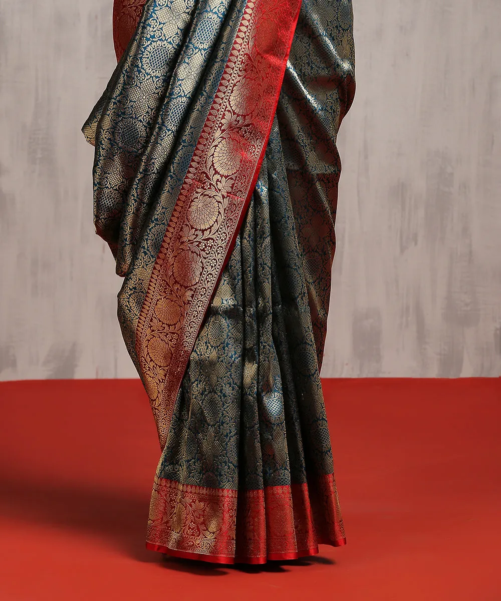 Handloom Blue Pure Katan Silk Banarasi Saree With Antique Zari