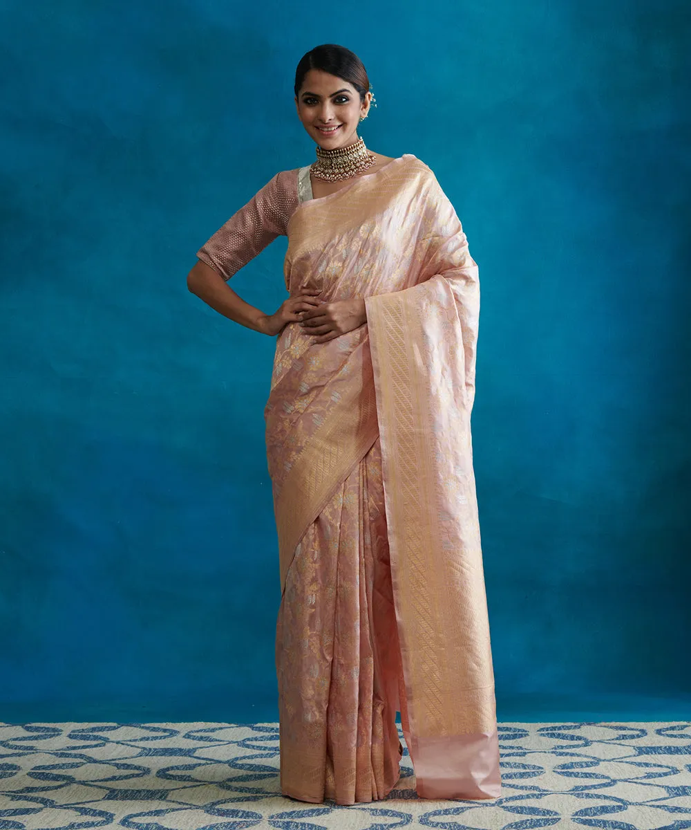 Handloom Blush Pink Pure Katan Silk Banarasi Saree With Cutwork Jaal