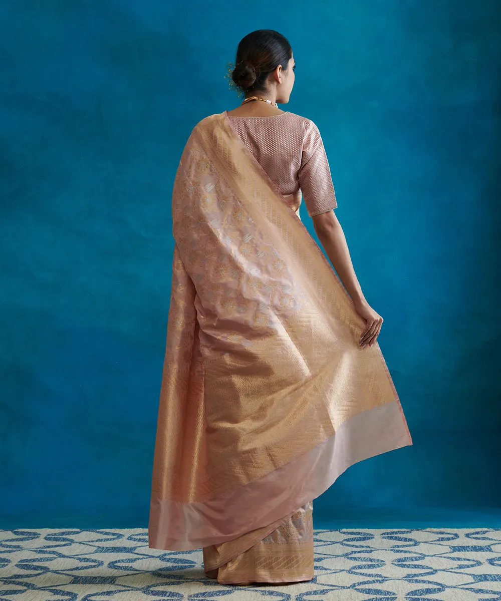 Handloom Blush Pink Pure Katan Silk Banarasi Saree With Cutwork Jaal