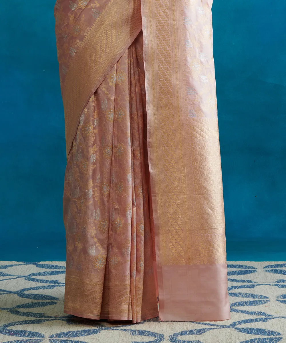 Handloom Blush Pink Pure Katan Silk Banarasi Saree With Cutwork Jaal