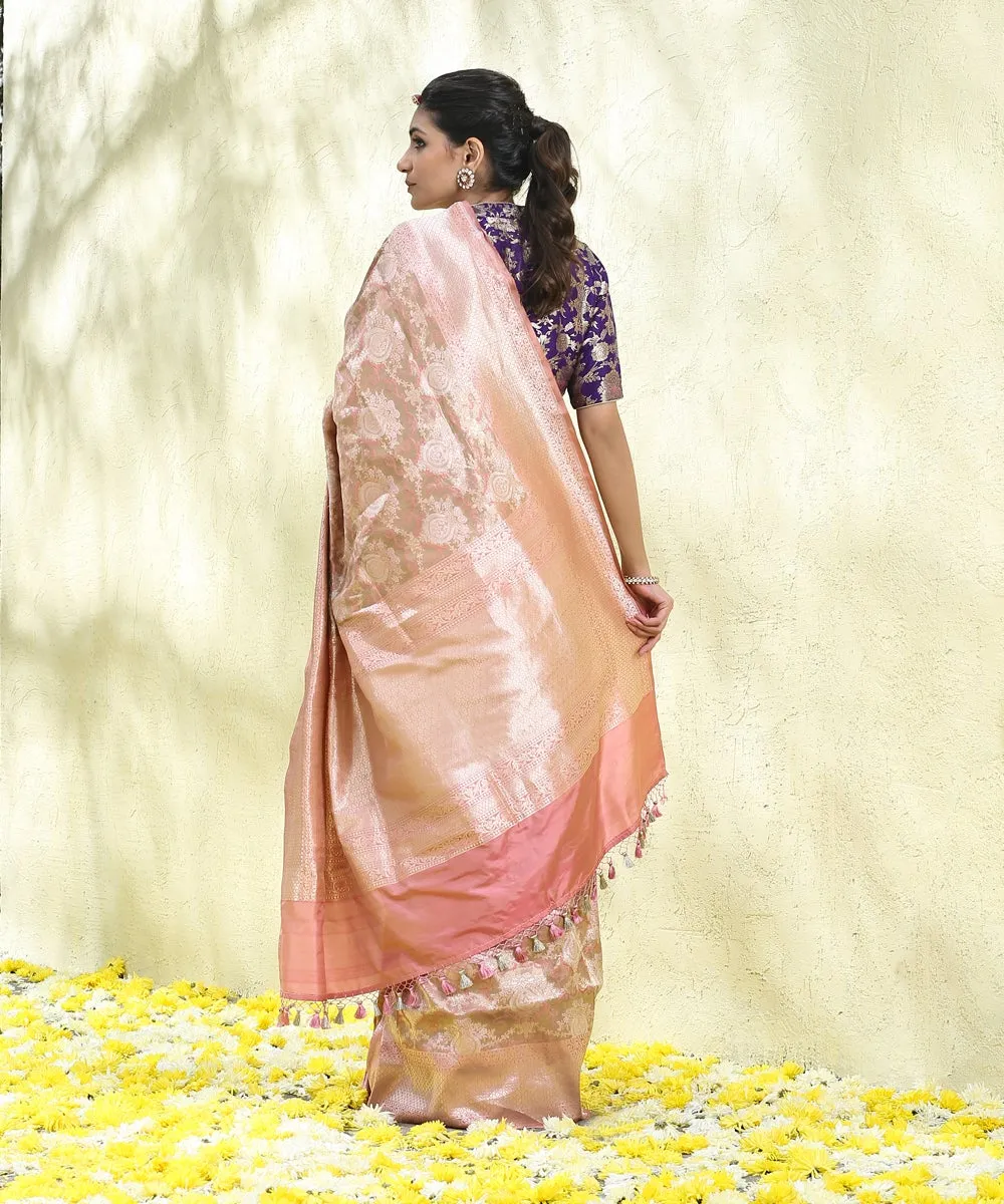 Handloom Gold and Pink Katan Silk Banarasi Saree with Jaal