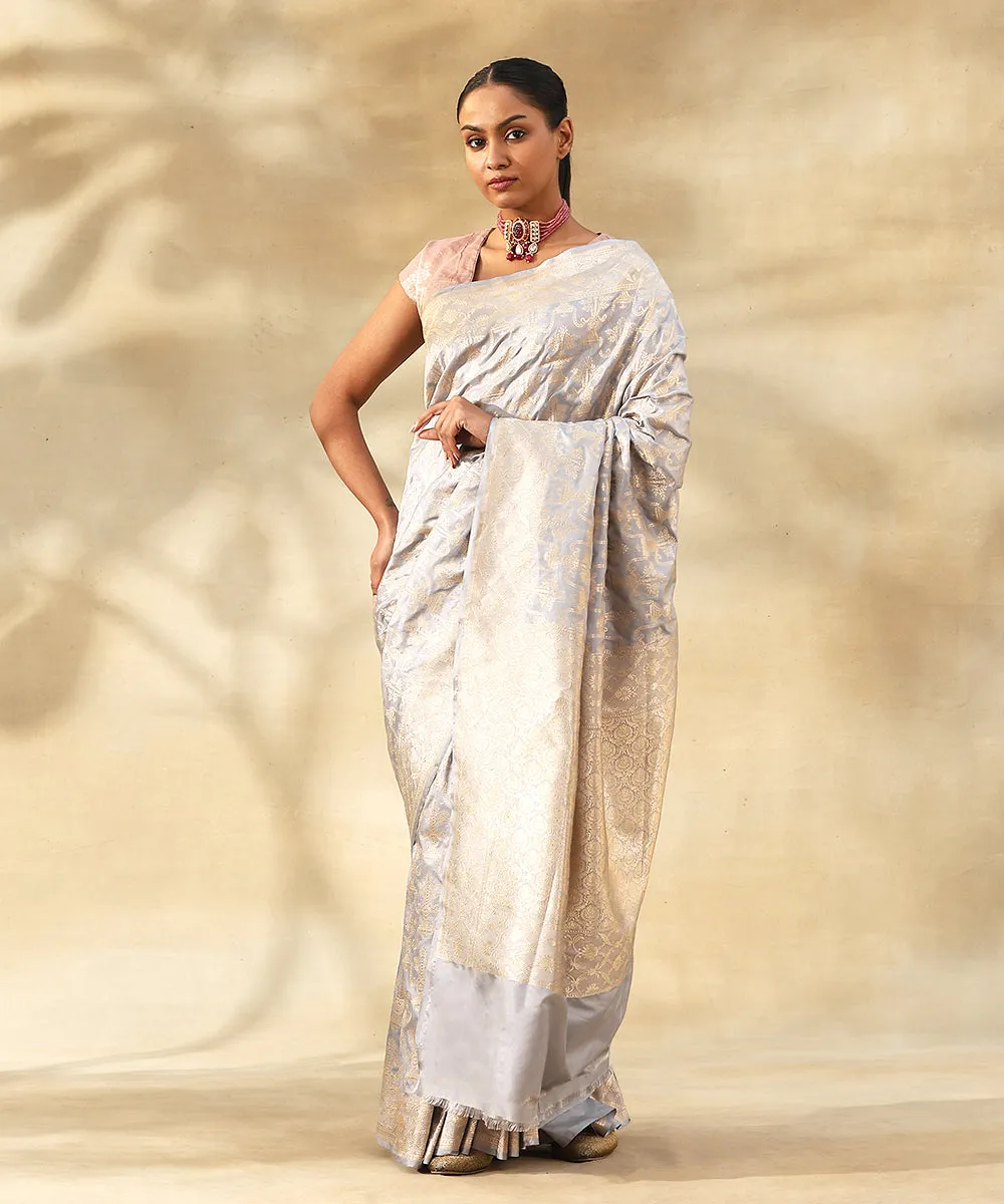 Handloom Grey Pure Katan Silk Banarasi Saree With Zari Jaal And Imperial Motifs