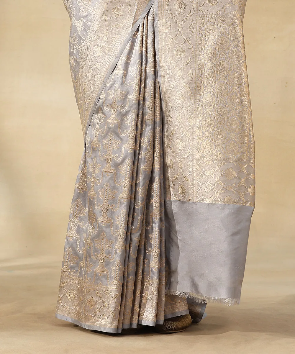 Handloom Grey Pure Katan Silk Banarasi Saree With Zari Jaal And Imperial Motifs