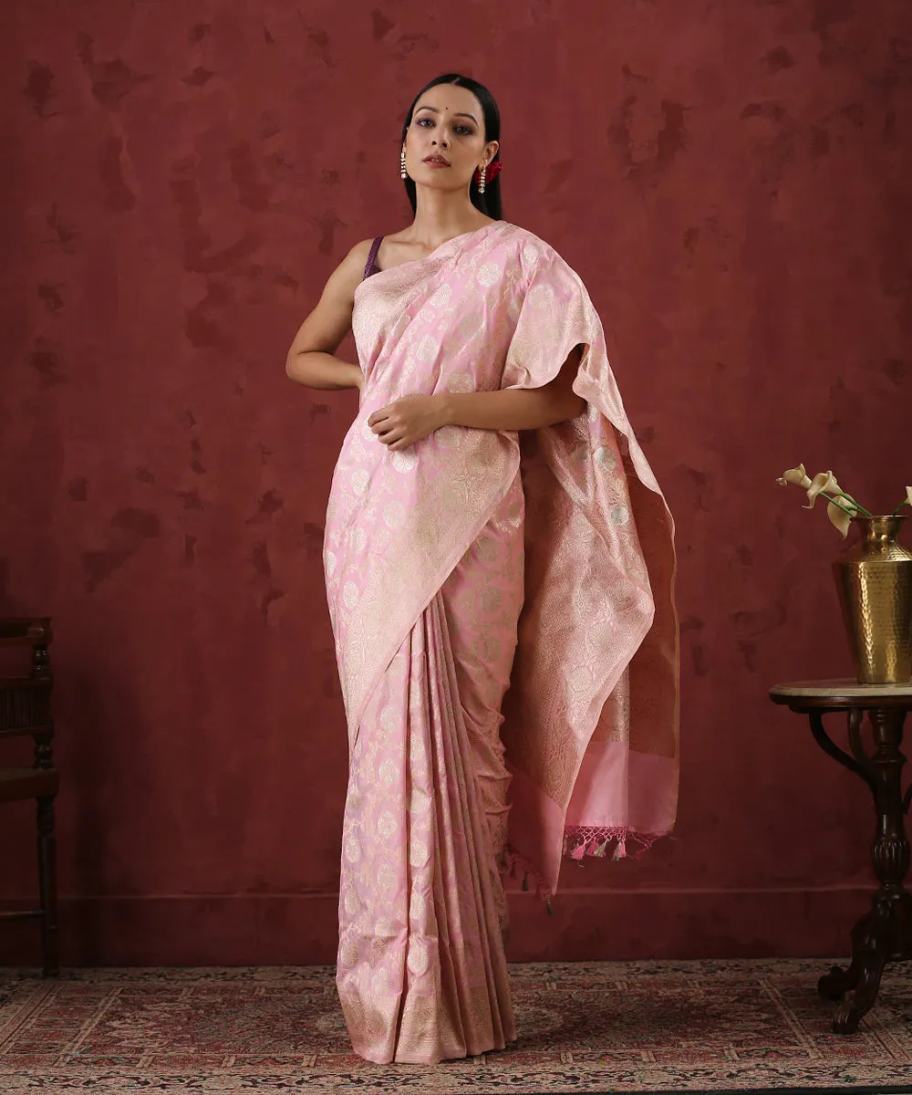 Handloom Light Pink Pure Katan Silk Banarasi Saree With Cutwork Weave