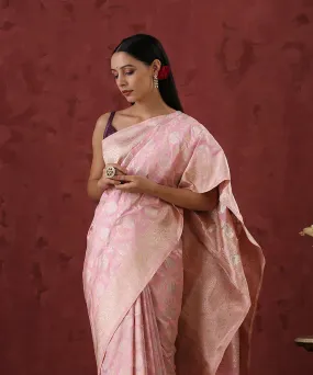 Handloom Light Pink Pure Katan Silk Banarasi Saree With Cutwork Weave