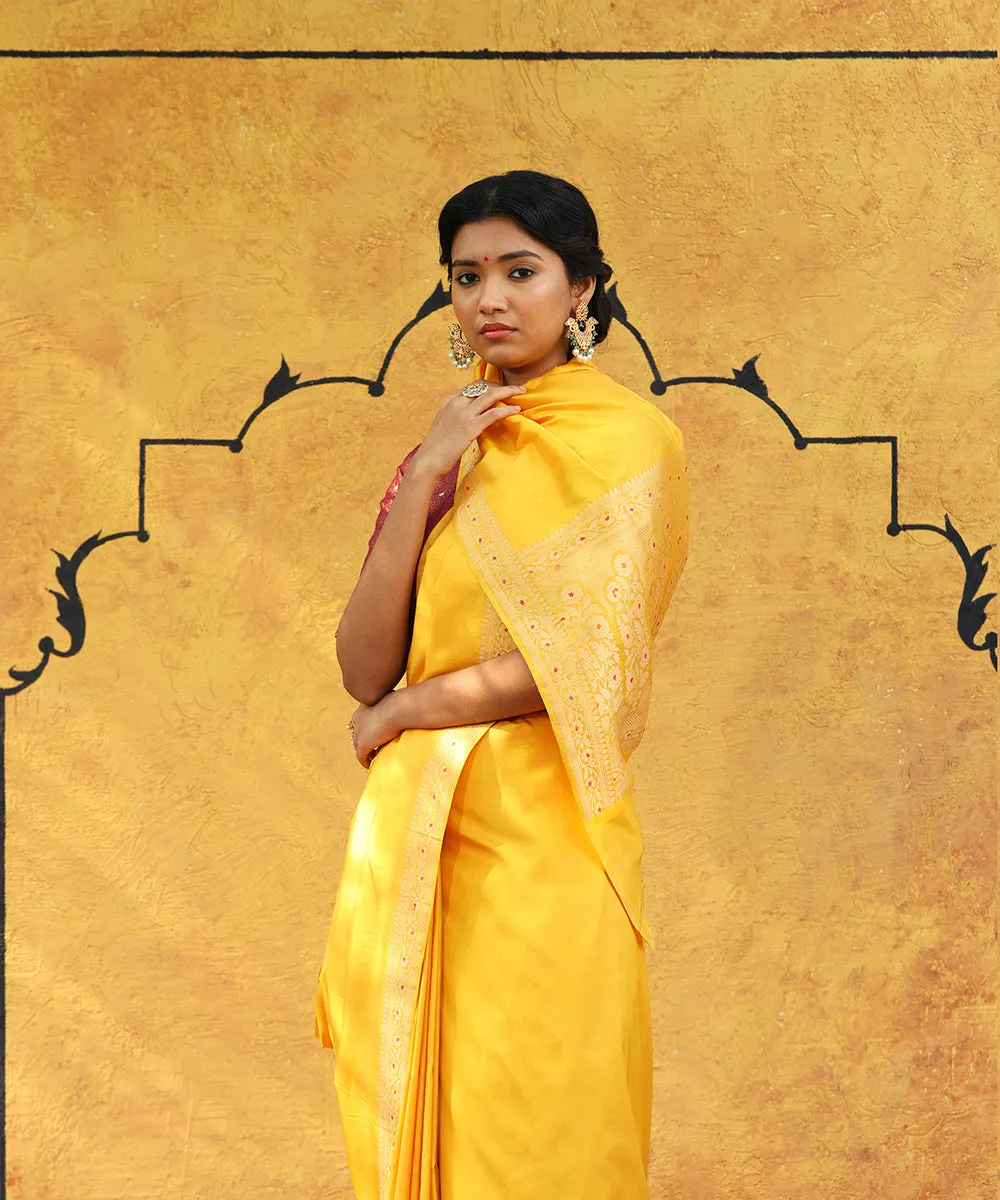 Handloom Mango Yellow Pure Katan Silk Banarasi Saree With Meenakari Border