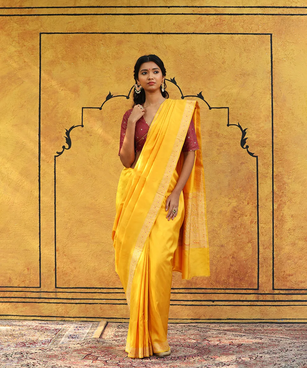 Handloom Mango Yellow Pure Katan Silk Banarasi Saree With Meenakari Border