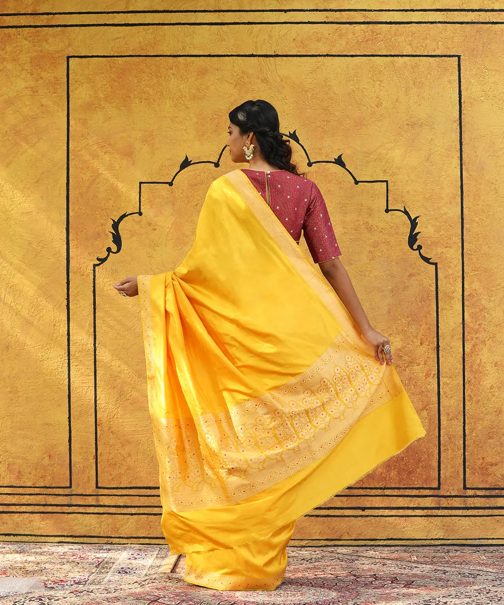 Handloom Mango Yellow Pure Katan Silk Banarasi Saree With Meenakari Border