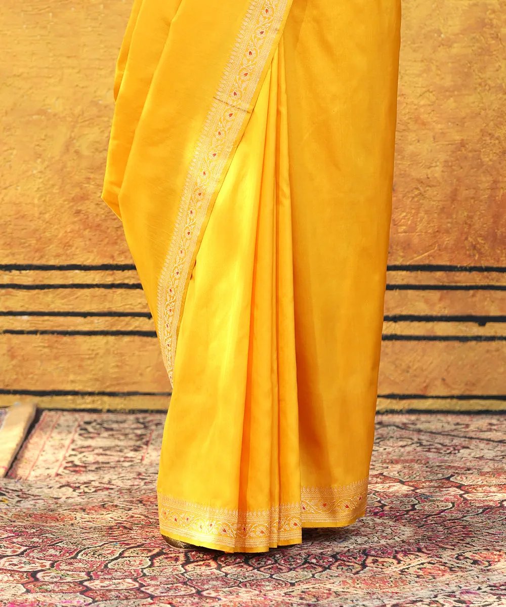 Handloom Mango Yellow Pure Katan Silk Banarasi Saree With Meenakari Border