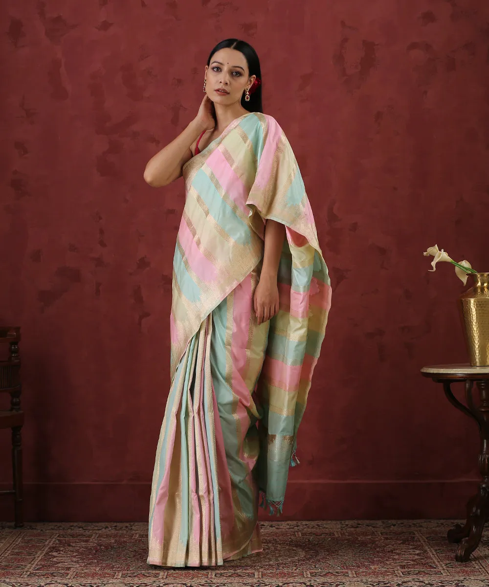 Handloom Pink And Green Pure Katan Silk Rangkaat Banarasi Saree