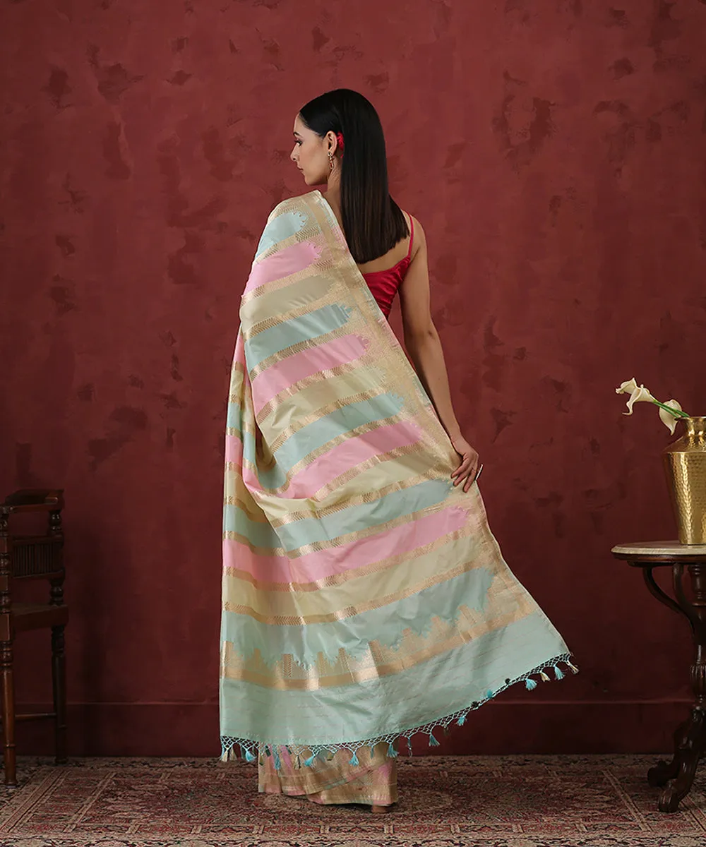 Handloom Pink And Green Pure Katan Silk Rangkaat Banarasi Saree